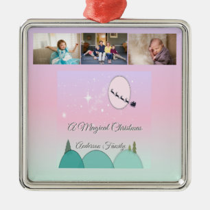 Pastel Moonlit Christmas Family Photo Glow Metal Tree Decoration