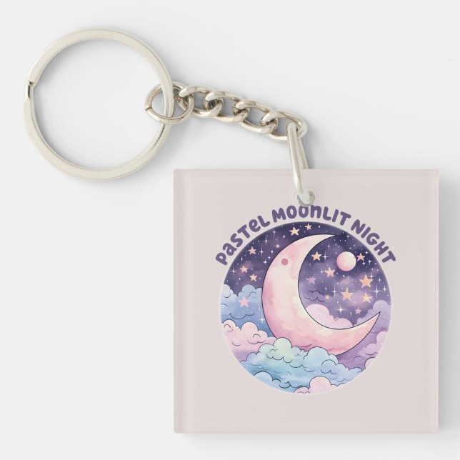 Pastel Moonlit Night – Dreamy Crescent Moon Key Ring (Front)