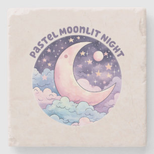 Pastel Moonlit Night – Dreamy Crescent Moon Stone Coaster