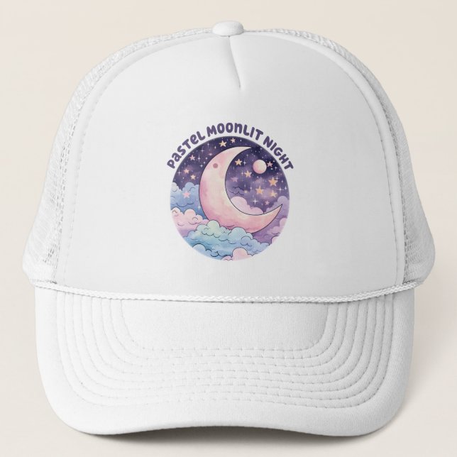 Pastel Moonlit Night – Dreamy Crescent Moon Trucker Hat (Front)