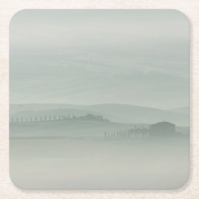 Pastel morning in foggy Tuscany Square Paper Coaster (Front)
