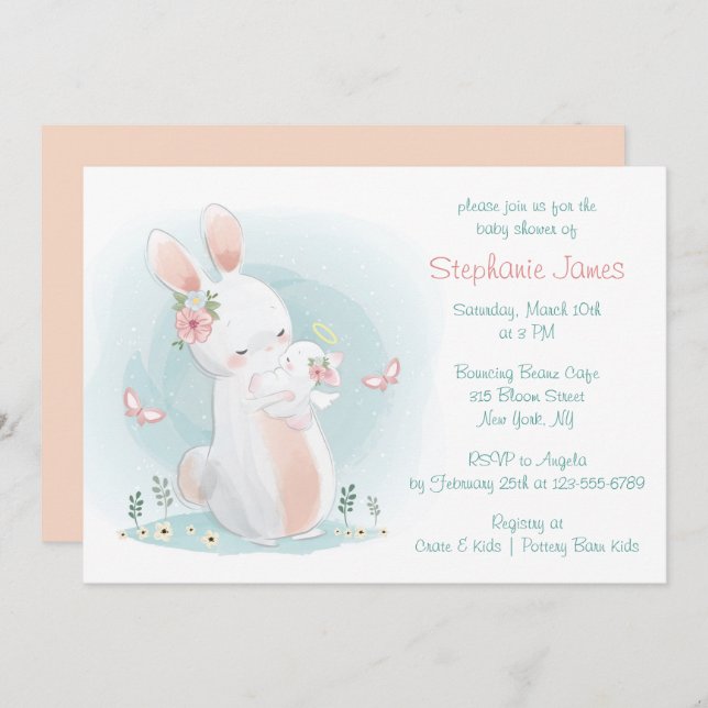 Pastel Mother and Baby Rabbit Baby Shower Invitation (Front/Back)