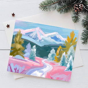 Pastel Mountain Range Winter Scene   Paint Strokes Holiday Postcard