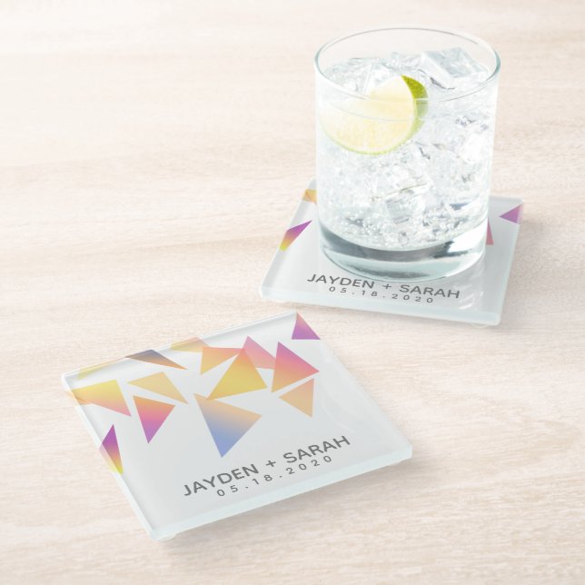 Pastel Multi-Coloured Confetti White Wedding Glass Coaster (Angled)