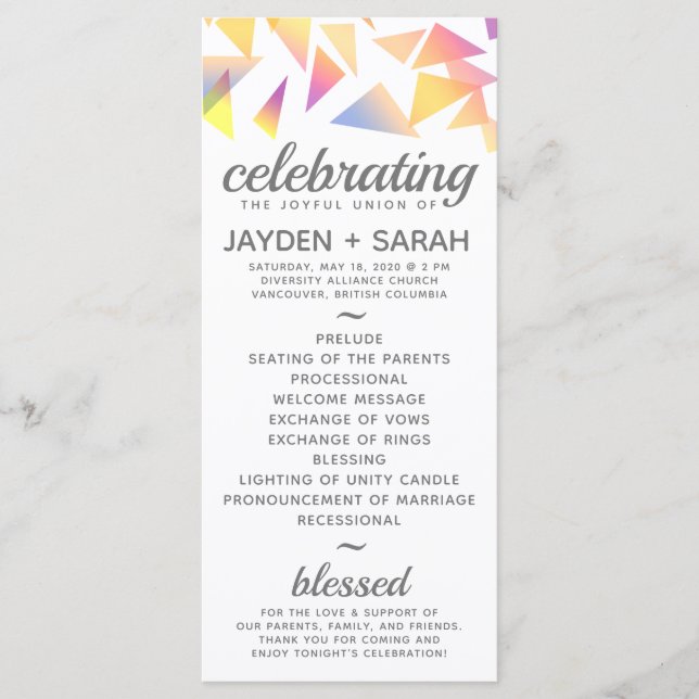 Pastel Multi-Coloured Confetti White Wedding Programme (Front)