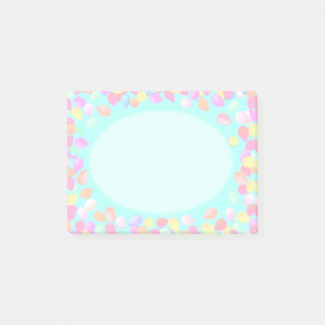Pastel multicolored balloons on light blue post-it notes (Front)