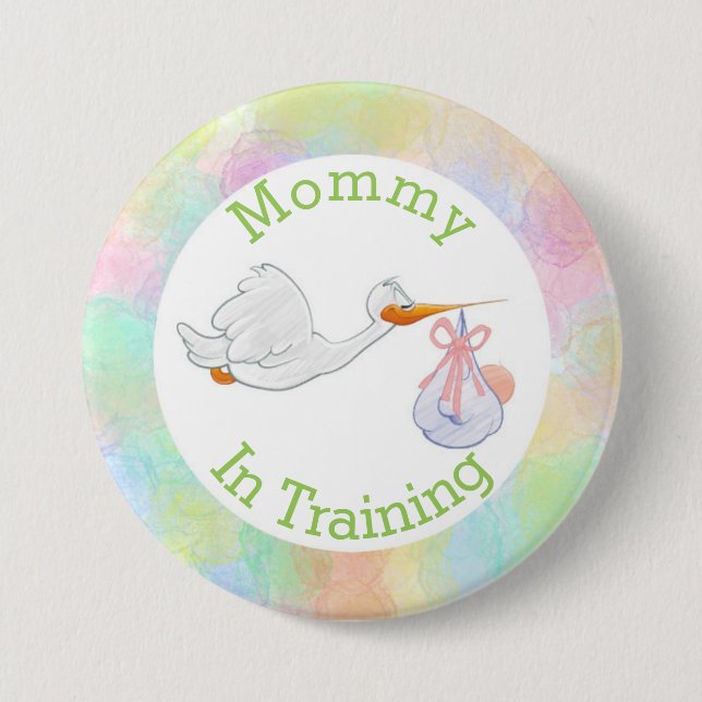 Pastel Mummy In Training Stork with Baby Shower 7.5 Cm Round Badge (Front)