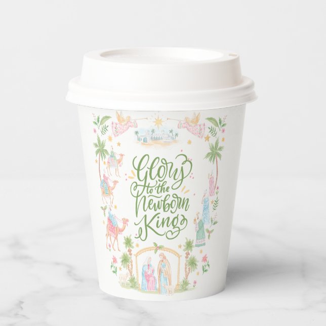 Pastel Nativity | Glory to the Newborn King Paper Cups (Front)