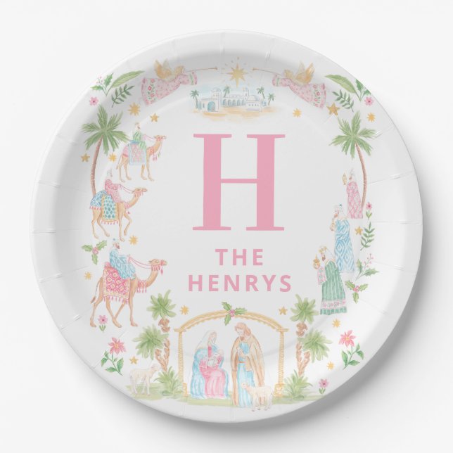Pastel Nativity Monogram Paper Plate (Front)