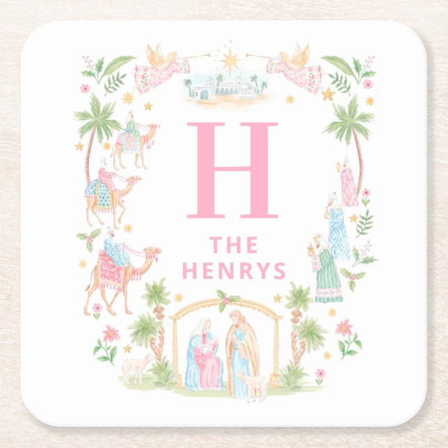 Pastel Nativity Monogram Square Paper Coaster (Front)