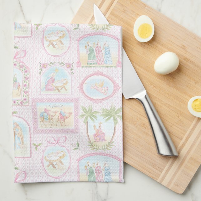 Pastel Nativity Scenes Christmas Tea Towel (Quarter Fold)