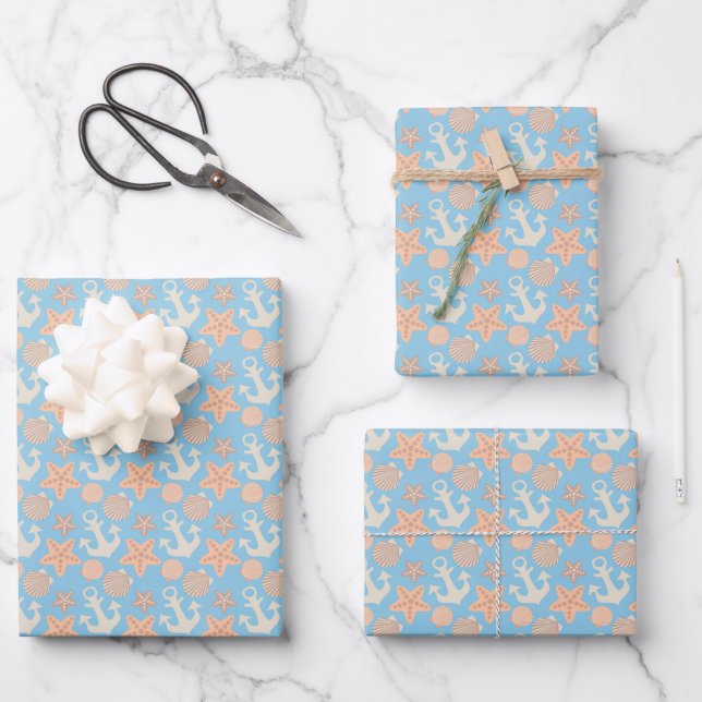 Pastel Nautical Pattern Wrapping Paper Sheet (Front)