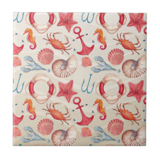 Pastel Nautical Seahorse Anchor Crab Shell lobster Tile