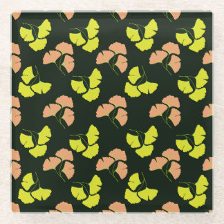 Pastel-Neon Ginko Leaves on Black Background Glass Coaster