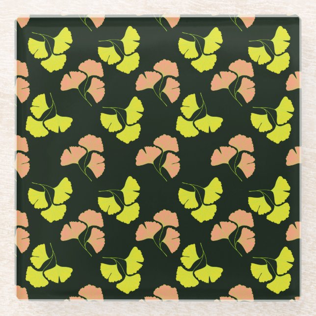 Pastel-Neon Ginko Leaves on Black Background Glass Coaster (Front)