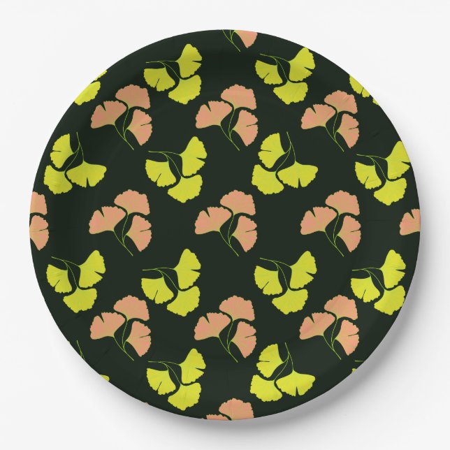 Pastel-Neon Ginko Leaves on Black Background Paper Plate (Front)