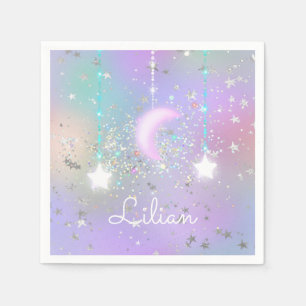 Pastel night sky glowing moon stars glitter cute  napkin
