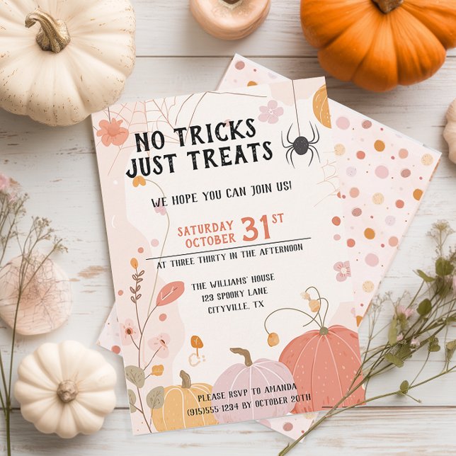Pastel No Tricks Just Treats Kids Halloween Invitation (Cute Kid's Halloween Party Invitation)