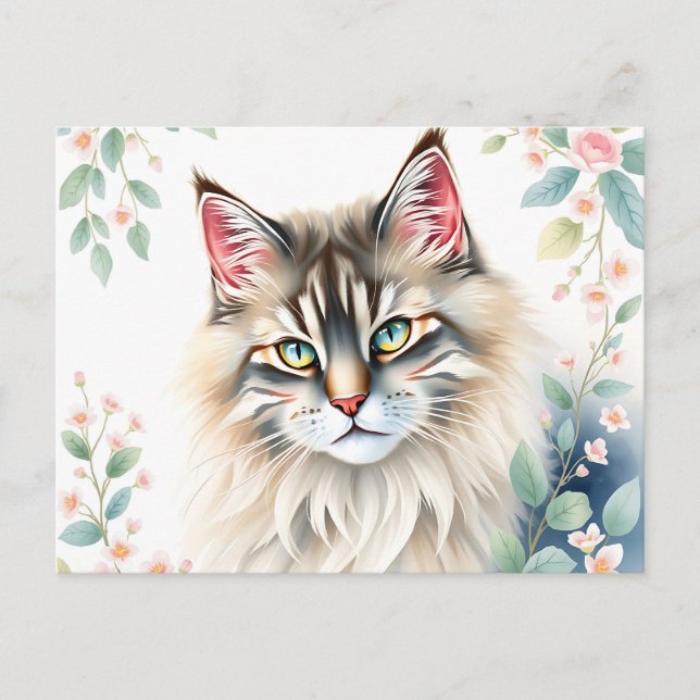 Pastel Norwegian Forest Cat Portrait Surrounded  Postcard (Front)