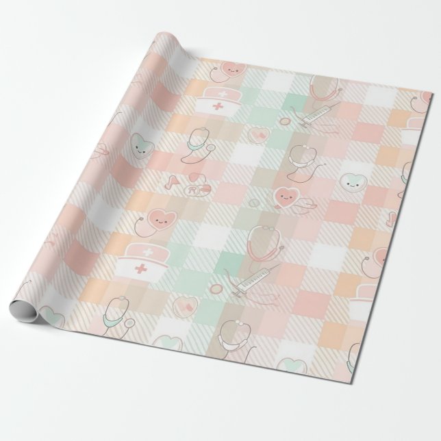 Pastel Nurse Life Chequered Pattern Wrapping Paper (Unrolled)