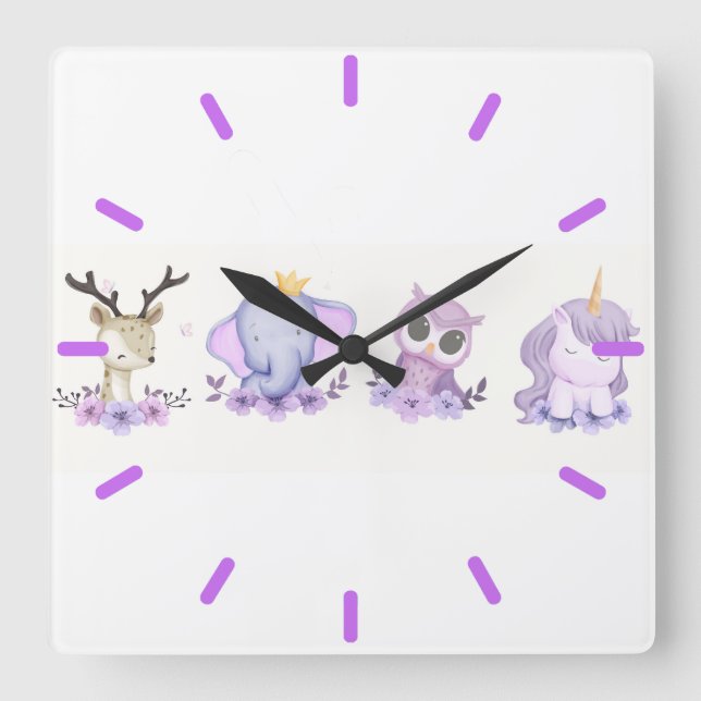 Pastel Nursery Animals Square Wall Clock (Front)