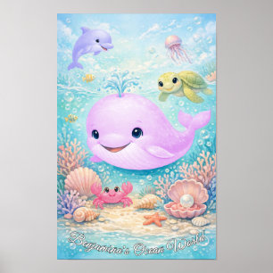 Pastel Ocean Animals Girl Whale Dolphin Turtle Poster