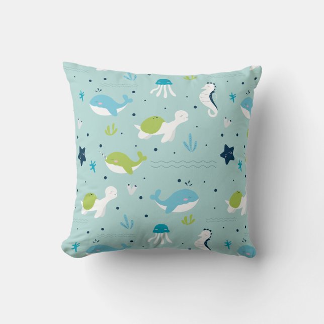 Pastel Ocean Beach Animal Pattern Cushion (Front)