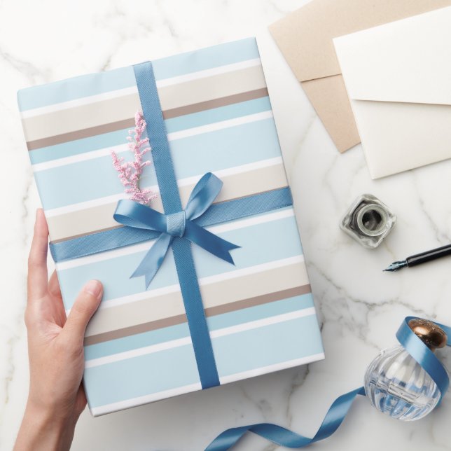 Pastel Ocean Blue Beige Brown White Stripe Pattern Wrapping Paper (Gifting)