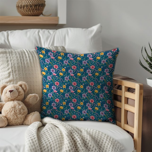 Pastel ocean blue simple floral pattern monogram cushion (Creator Uploaded)