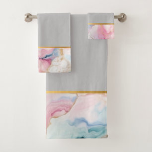 PASTEL OCEAN MARBLE GOLD GREY BATHROOM TOWEL SET