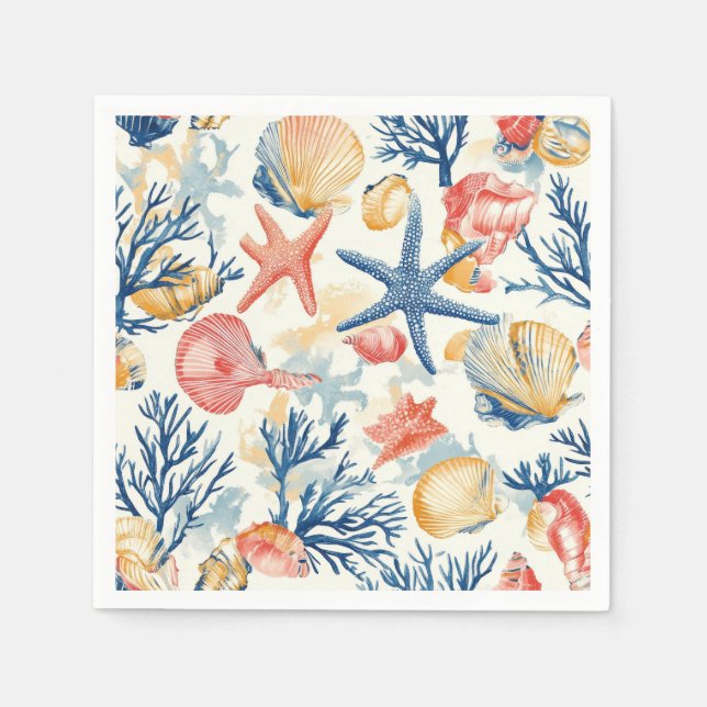 Pastel Ocean Shells with Delicate Coral Twigs Napkin (Front)