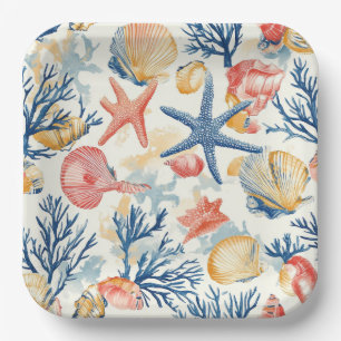 Pastel Ocean Shells with Delicate Coral Twigs Paper Plate