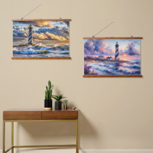 Pastel Ocean Skies with Lighthouse at Dusk Hanging Tapestry