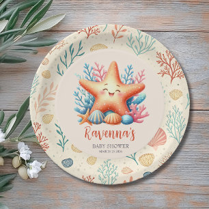 Pastel Ocean Starfish Custom Name Baby Shower Paper Plate