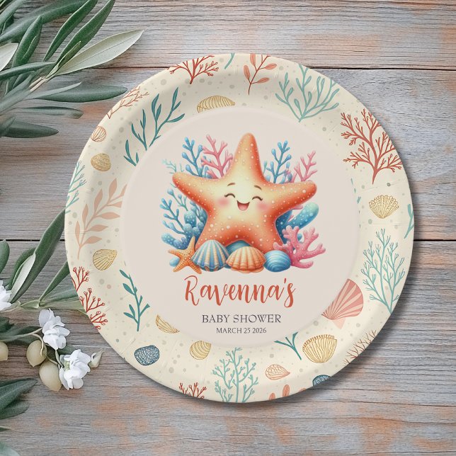 Pastel Ocean Starfish Custom Name Baby Shower Paper Plate (Creator Uploaded)