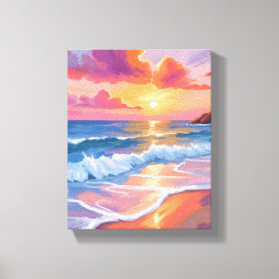 Pastel Ocean Sunset   Colourful Beach Painting  Canvas Print
