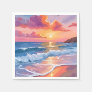 Pastel Ocean Sunset   Colourful Beach Painting  Napkin