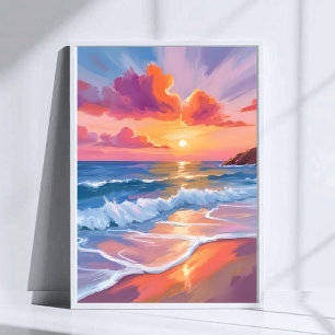 Pastel Ocean Sunset Colourful Beach Painting Poster