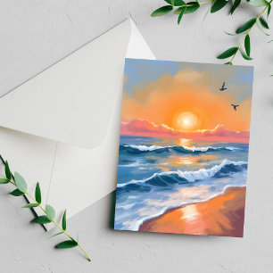Pastel Ocean Sunset Watercolor Beach Painting Card