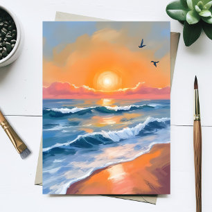 Pastel Ocean Sunset Watercolor Beach Painting Postcard