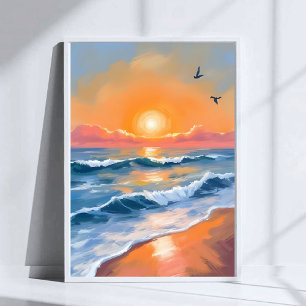 Pastel Ocean Sunset Watercolor Beach Painting Poster