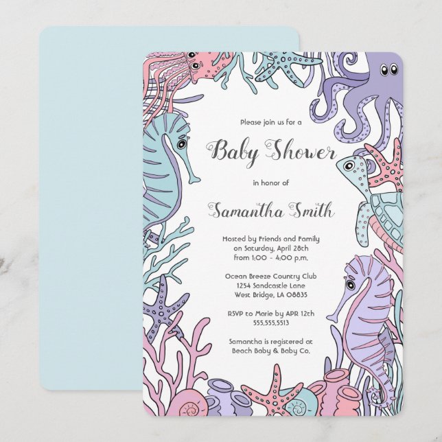 Pastel Ocean Theme Sea Life Baby Shower Invitation (Front/Back)