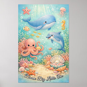 Pastel Ocean Whale Octopus Seahorse Blue Boy Poster