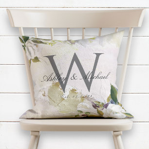 Pastel Oils White Rose Monogram Wedding Keepsake Cushion