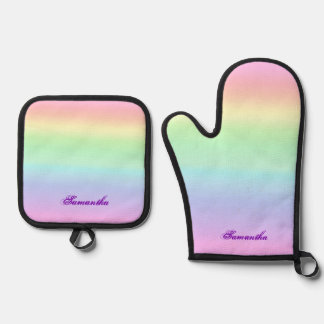 Pastel Ombre Rainbow Add Your Name Oven Mitt & Pot Holder Set