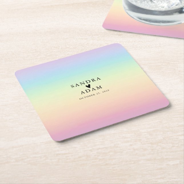 Pastel Ombre Rainbow Colours Wedding Favour Square Paper Coaster (Angled)