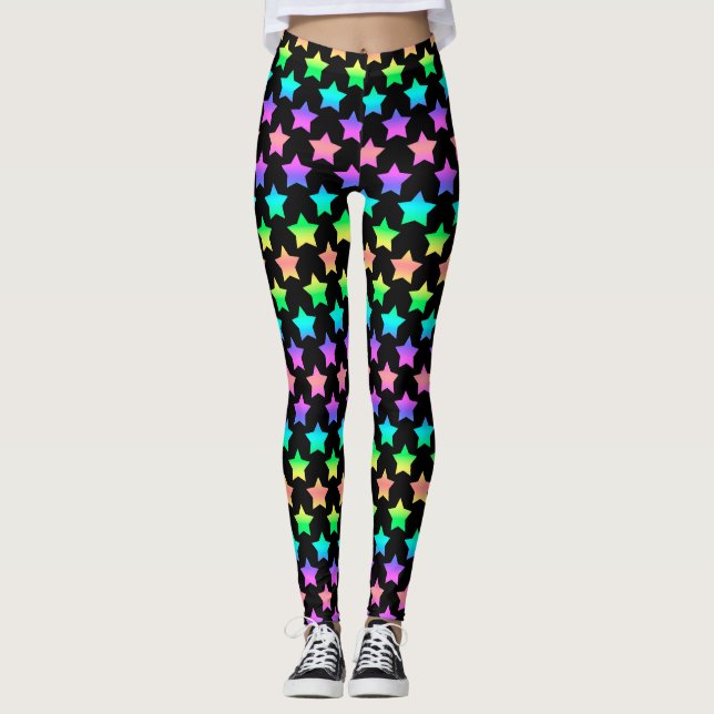pastel ombré stars on black background  leggings (Front)
