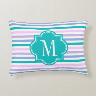 Pastel Ombre Stripes with Teal Monogram Decorative Cushion