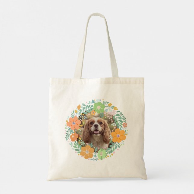 Pastel Orange Cavalier King Charles Spaniel Floral Tote Bag (Back)