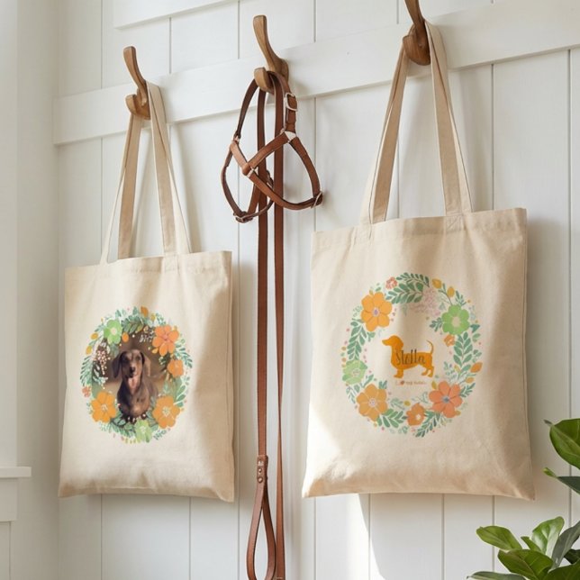 Pastel Orange Dachshund Floral Tote – Custom Photo (Creator Uploaded)